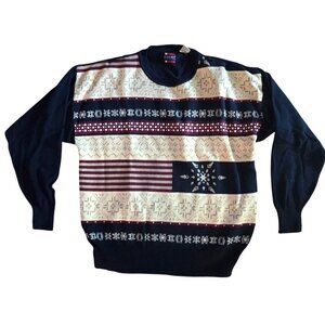 Mens Medium Vintage Bugle Boy Classics Sweater Nordic Snowflake Pattern Black Cr
